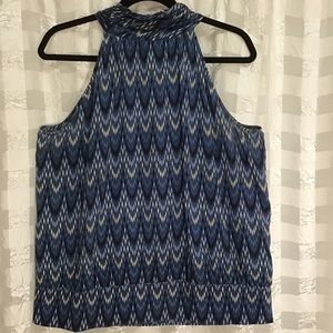 Ellavie Silk Blue Black Cream Geometric Halter Top with Back Neck Tie